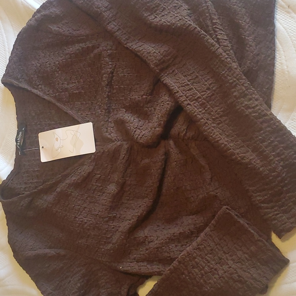 fashion brown long sleeve vneck shirred crop top